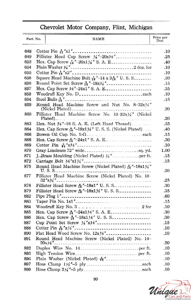 1912 Chevrolet Light and Little Six Parts Price List Page 69
